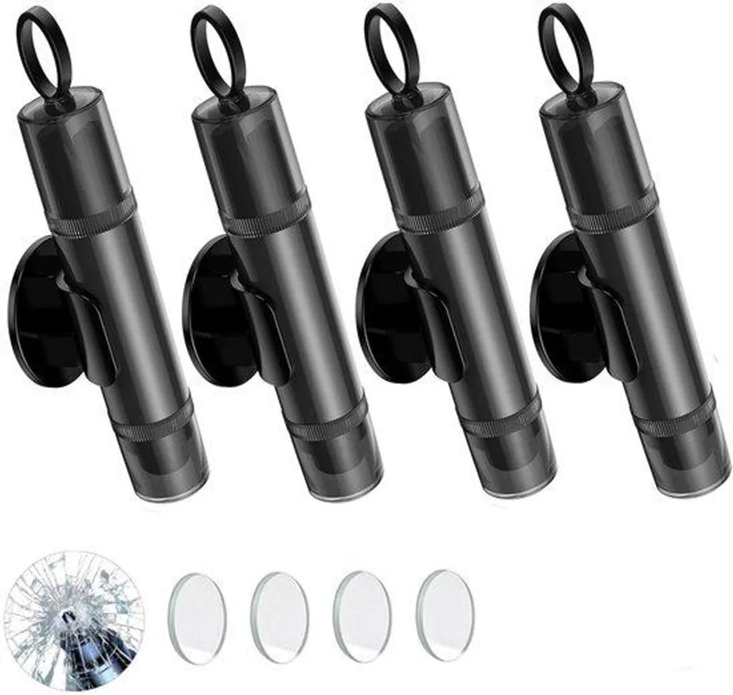 Set van 4 autoveiligheidskastjes - Noodgeschikt voorziening bij gebroken glas - Multifunctioneel - Inclusief testglas en zelfklevende beugel - Zwart