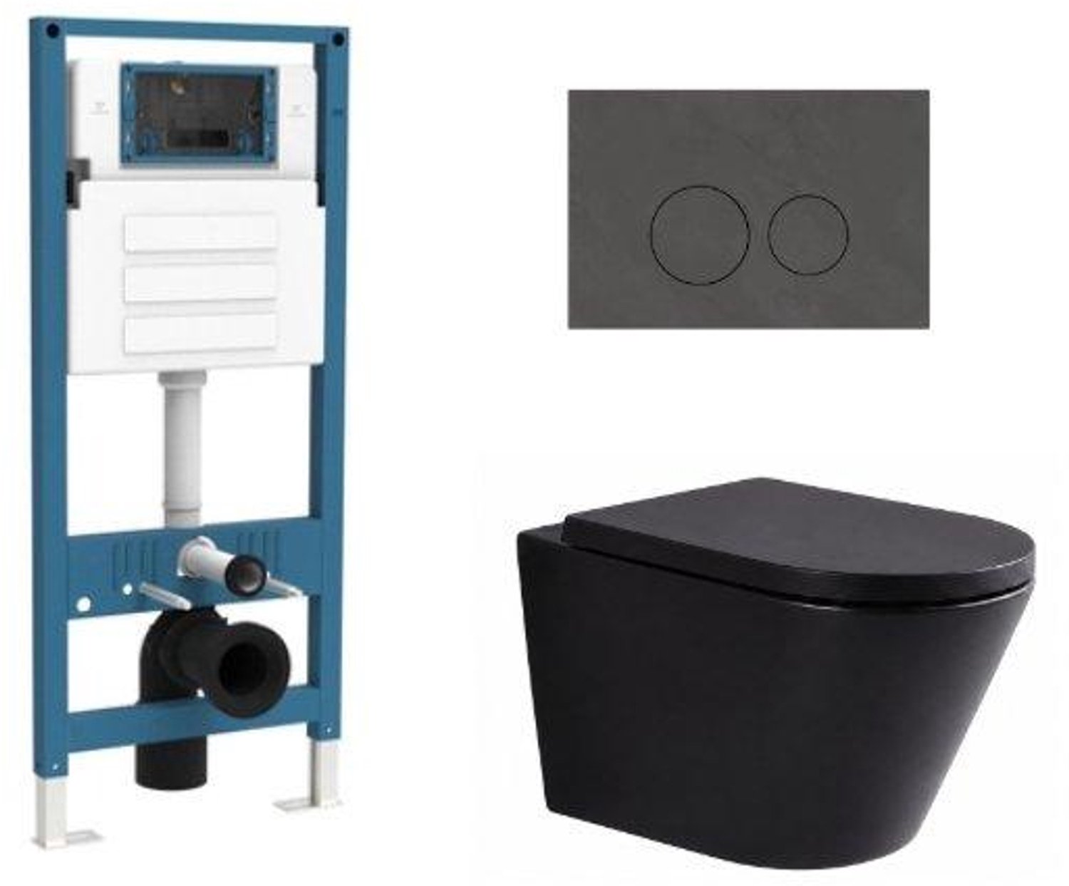 QeramiQ Dely Toiletset - inbouwreservoir Qeramiq Flush - 35mm zitting - natuursteen donker marmeren bedieningsplaat - ronde knoppen - mat zwart