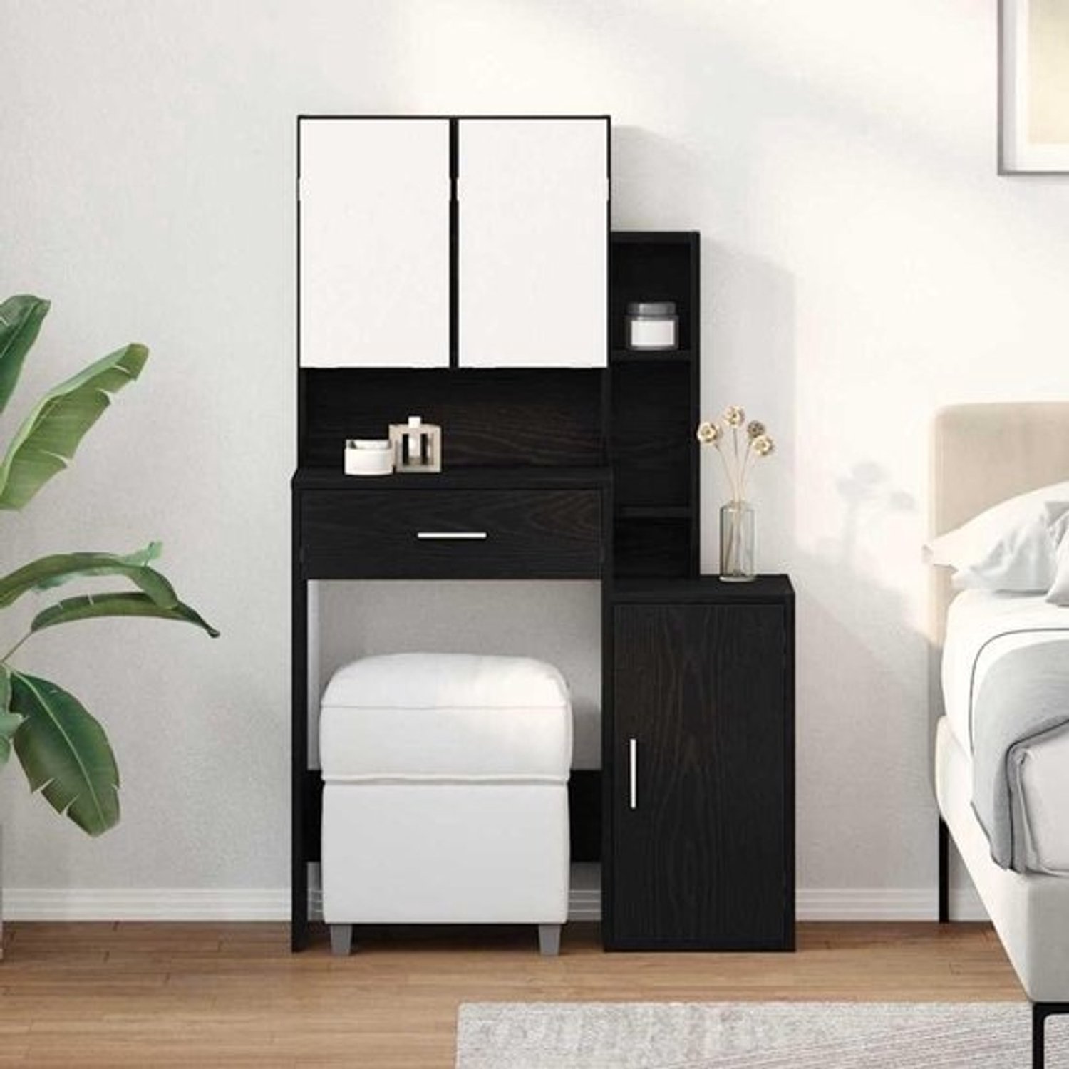 Kaptafel zwart eiken - Make-uptafel en toiletmeubel - Slaapkamer organiseren - Geïntegreerde spiegel - 80 x 35 x 132 cm