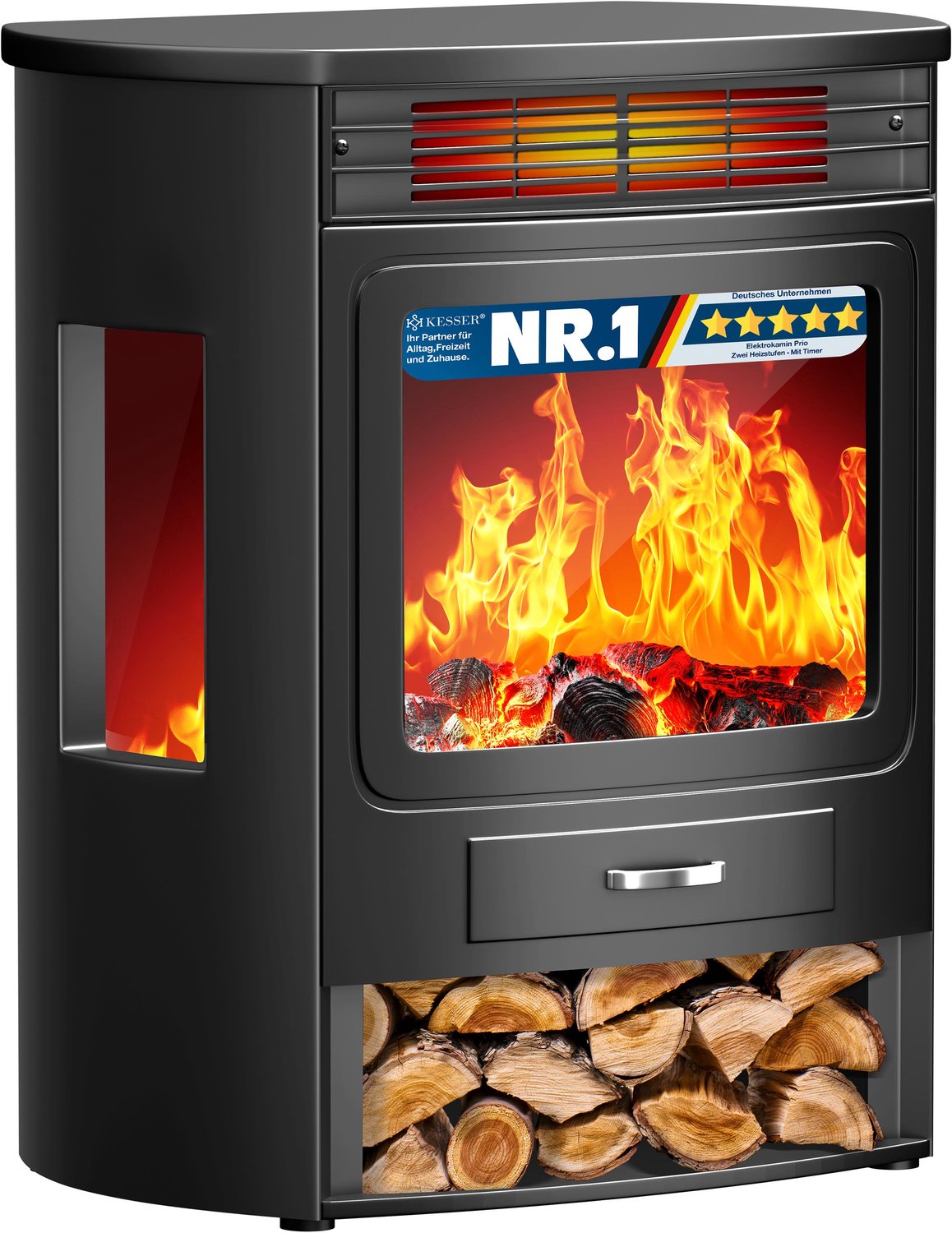KESSER® Sfeerhaard Elektrische Haard met Ventilatorkachel & Afstandsbediening WiFi App 950/1900 W LED Vlam Effect Elektrische Verwarming met Thermostaat Panorama Kijkvenster Verwarmingsfunctie Timer - Groot, Zwart