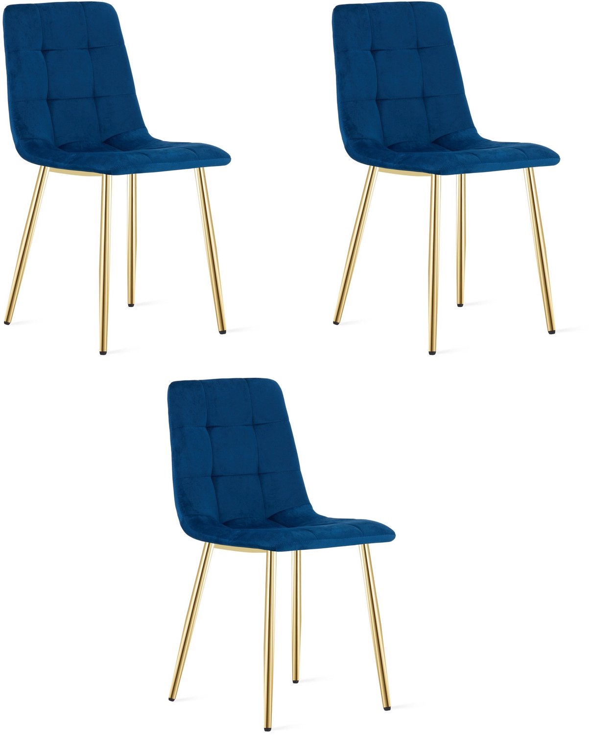 LEOBERT KARA Eetkamerstoelen – Set van 3 – Marineblauw Velvet – Goudkleurige Metalen Poten – Comfortabele Ergonomische Zitting – Modern Design – Velvet Stoel voor Woonkamer, Keuken en Eetkamer – Max. 110 kg per Stoel