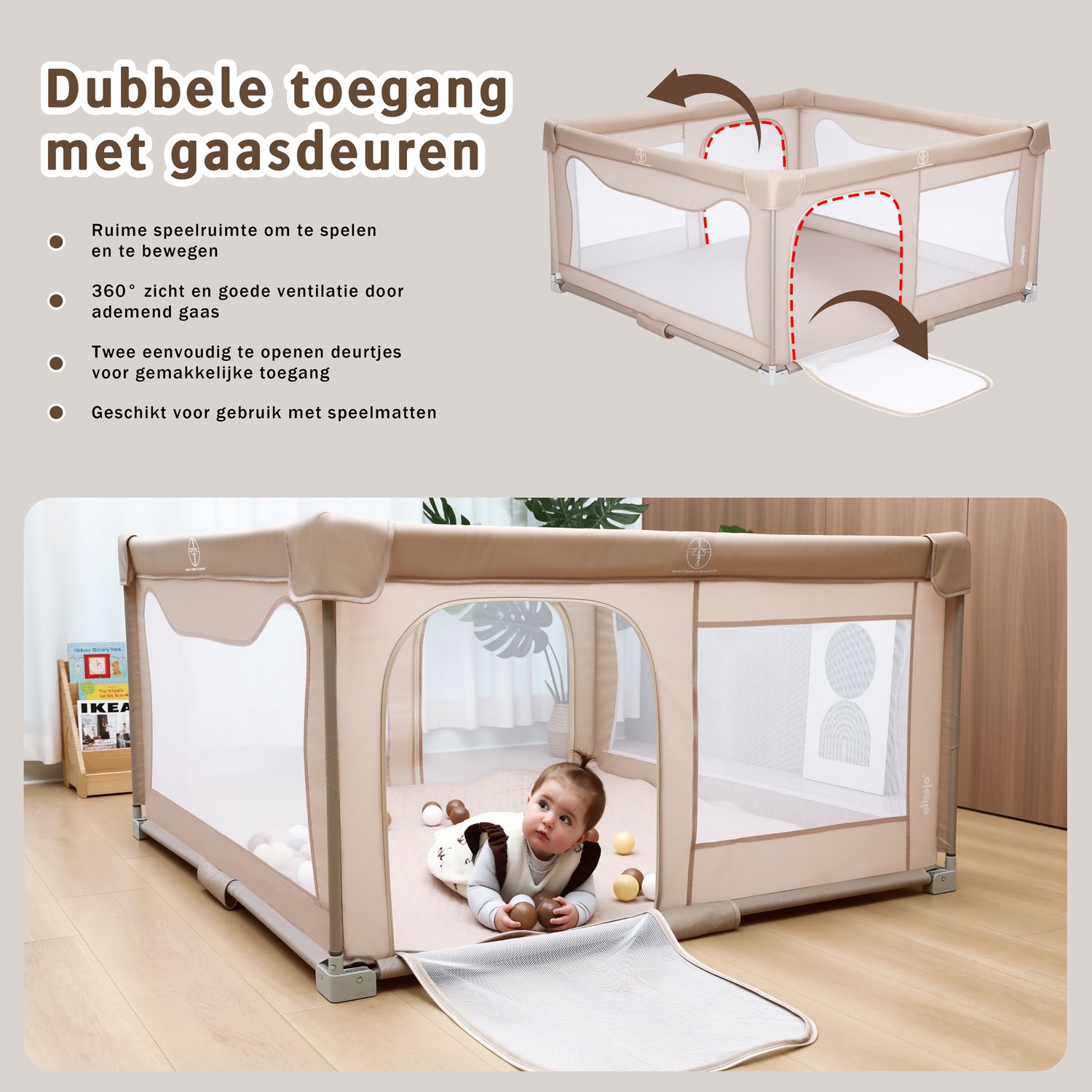 Elissio® - Grondbox Baby - Inklapbare Speelbox met XPE dubbelzijdige Speelmat & 50 Ballen - Kruipbox - Kinderbox - Playpen Baby - 150x150x76.5 CM - Beige – foto 4