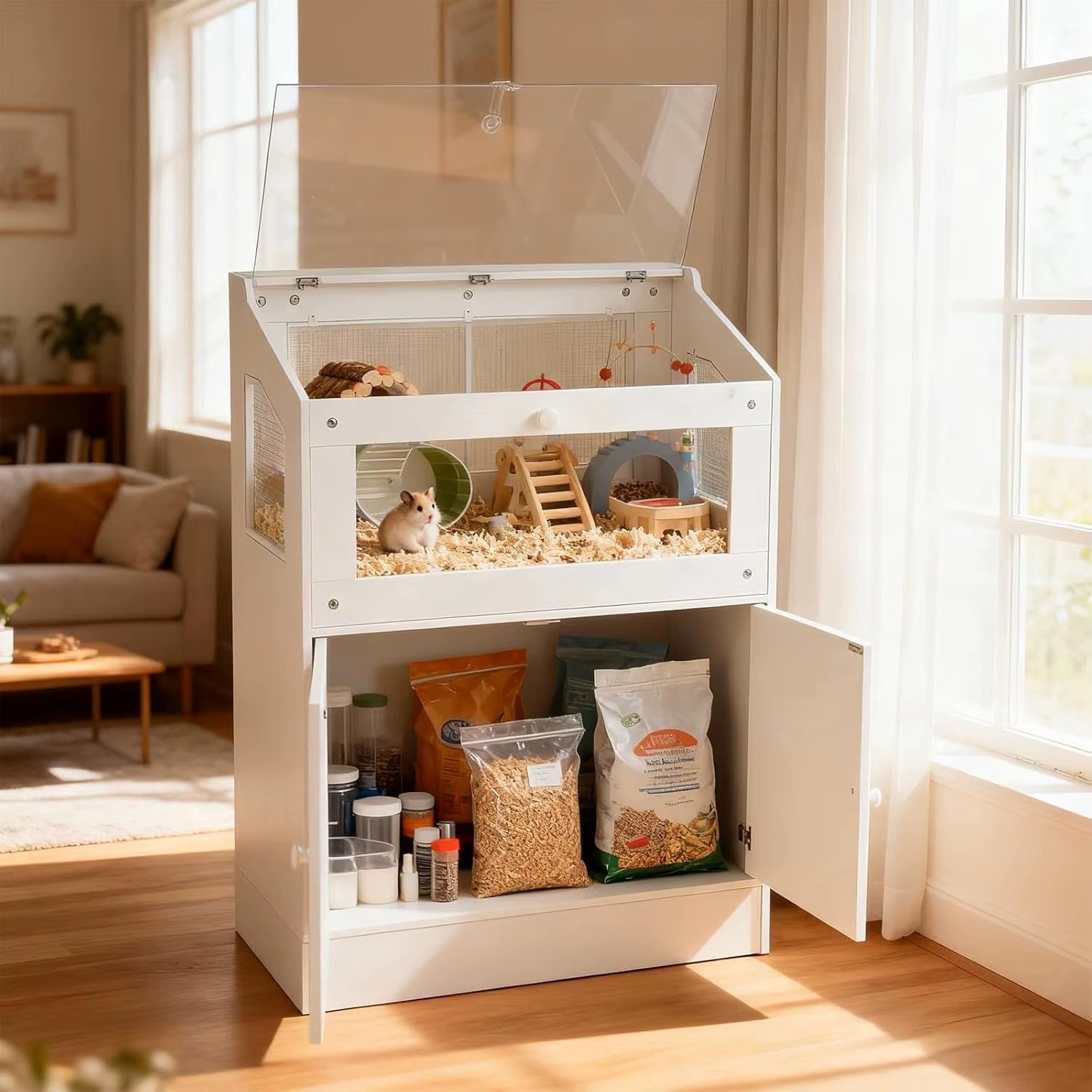 CreateEcom hamsterkooi - konijnenhok - knaagdieren kooi - Hamsterkooi met opbergkast - kleine dierenkooi met acryl kijk- en ventilatiewanden - voor hamsters, konijnen en egels - makkelijk schoon te maken - 80x40x108 cm - wit