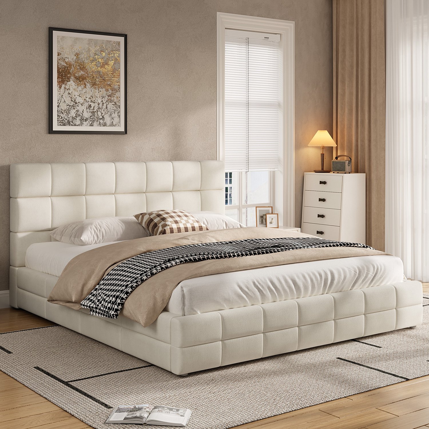 Kinderbed, Tweepersoonsbed, 180x200 gestoffeerd platformbed, Beige