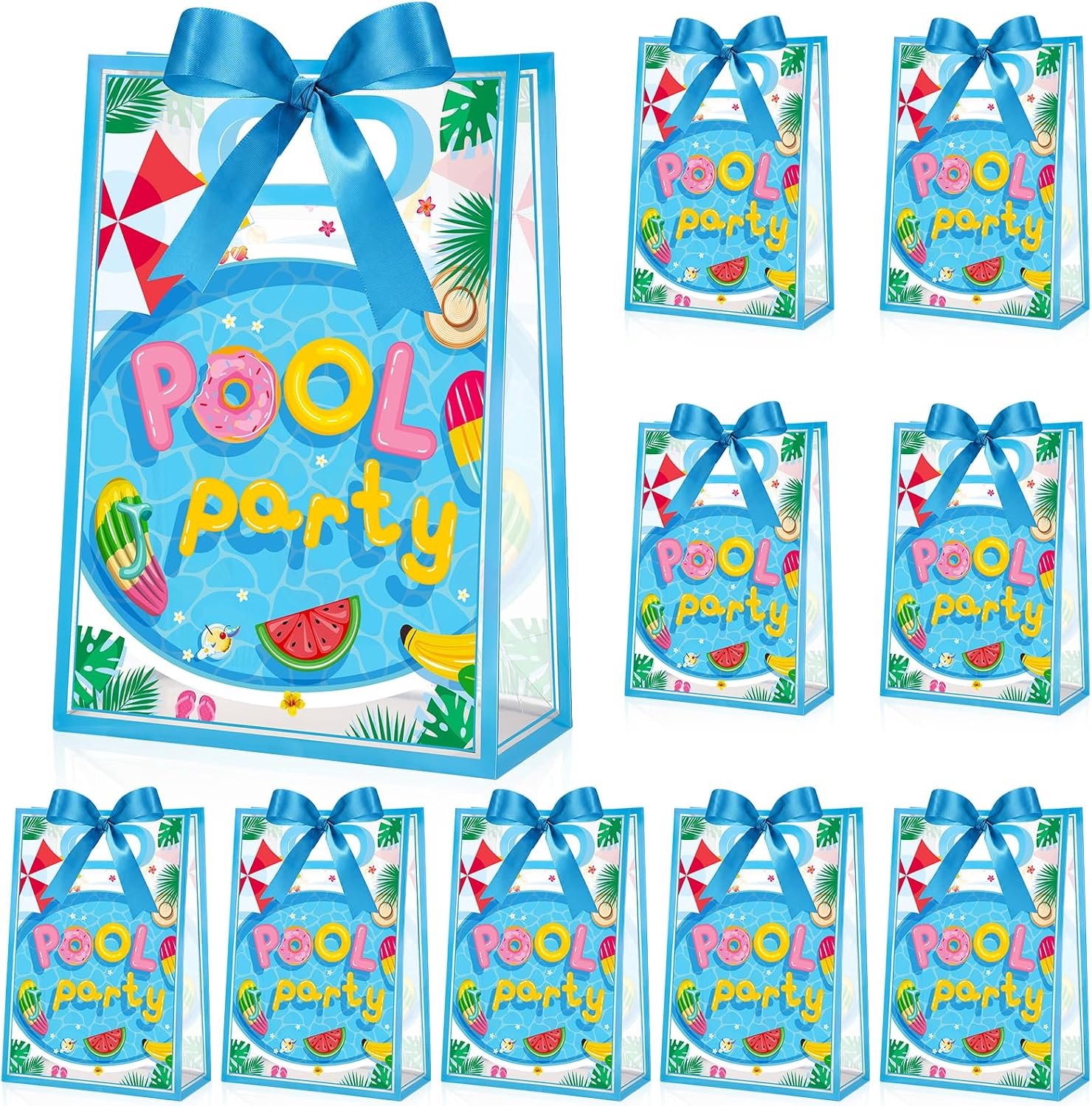 Aliceset 12 stuks zwembadfeest doorzichtige goodie tassen met handvat blauwe kleur lint zwemmen thema waterdichte gunst zakken voor zwembad zwemmen zee zomer feest verjaardag babyshower Hawaii