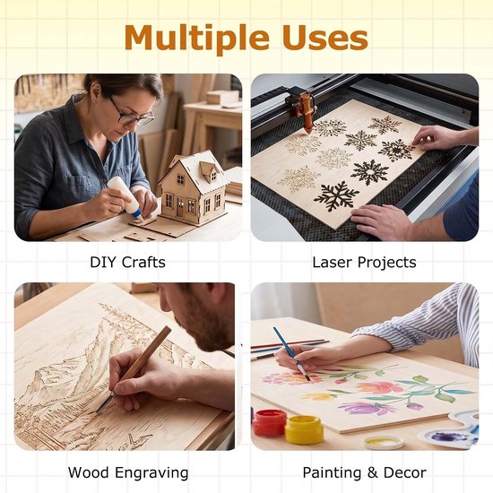 10 Pcs Plywood Sheets, A4 Basswood Sheets, Unfinished Thin Wood Boards for Crafts, DIY Engraving, Laser Projects, Model Making, Wood Burning and Decoration, 300 x 220 x 4 mm — afbeelding 2