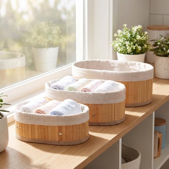 3 stuks geweven bamboe opbergmanden - kleine ovale mandjes voor speelgoed en servetten - landelijke opbergoplossing voor voorraadkast, kinderkamer, keukenkastjes, kaptafel, diverse maten — afbeelding 4