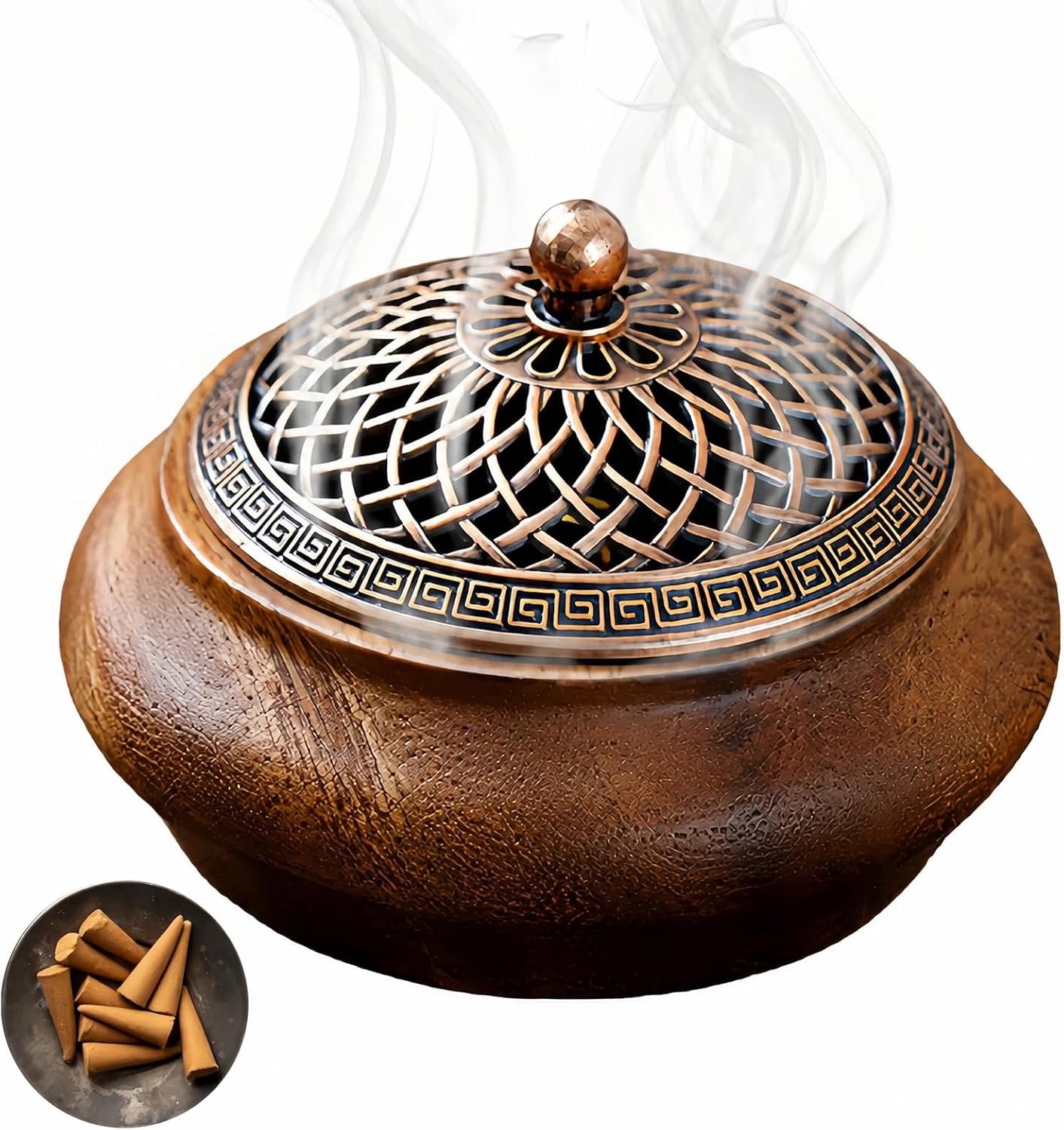 Wierookbrander van Notenhout met Antiek Bronzen Rasterdeksel & Meanderrand, Wierookhouder voor Kegels, Spiralen & Staafjes, inclusief Brandwerend Kussen, voor Meditatie en Yoga, Trommelvorm