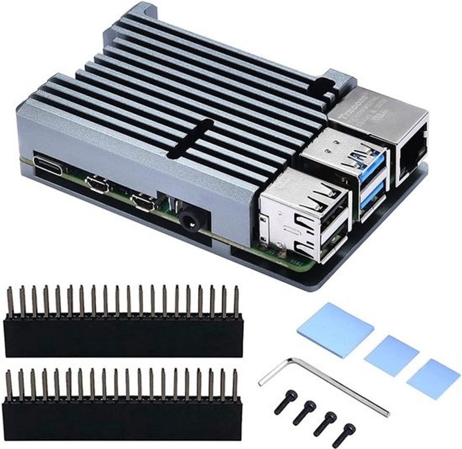 Aluminium behuizing - voor Raspberry Pi 4B - Passieve koeling - zonder ventilator - Geschikt voor 1GB, 2GB, 4GB en 8GB - Met koellichaam en GPIO-verlengconnectoren - Open ontwerp - voor wifi en Bluetooth - Grijs