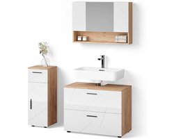 Livinity Badkamermeubelset "Ronco", Wit hoogglans/goud power eiken, 3 delen, met ladeblok en midi-element