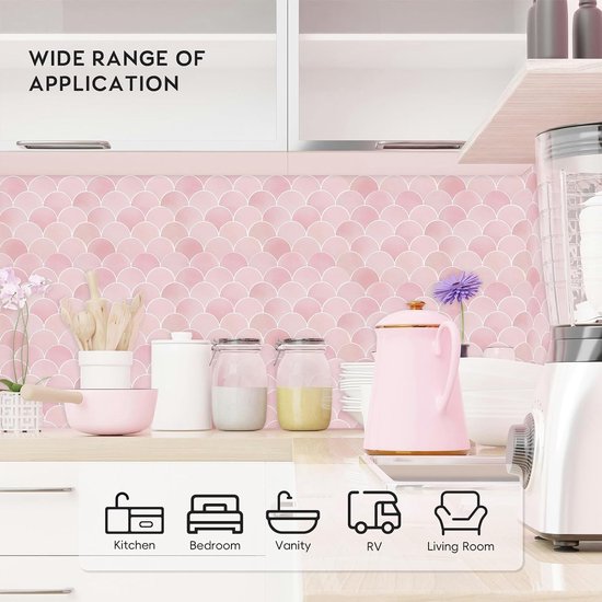 Upgrade Dikkere 3D Tegelstickers voor Badkamer en Keuken, Roze Zelfklevende Plaktegels Visschubben Tegels Wandtegels (10 Stuks) — afbeelding 3