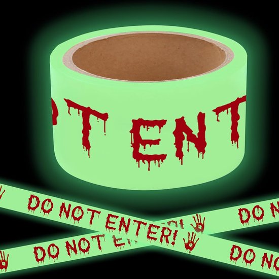 Lichtgevende tape met rode 'DO NOT ENTER' tekst en handafdrukken in bloedstijl.