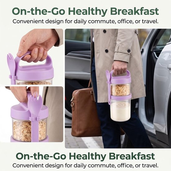 4 stuks dubbellaagse yoghurt Overnight Oats bekers, 560 + 360 ml vershoudbeker, herbruikbare slabeker met lepel en vork, draagbare mueslibeker voor onderweg, ontbijt to go — afbeelding 2