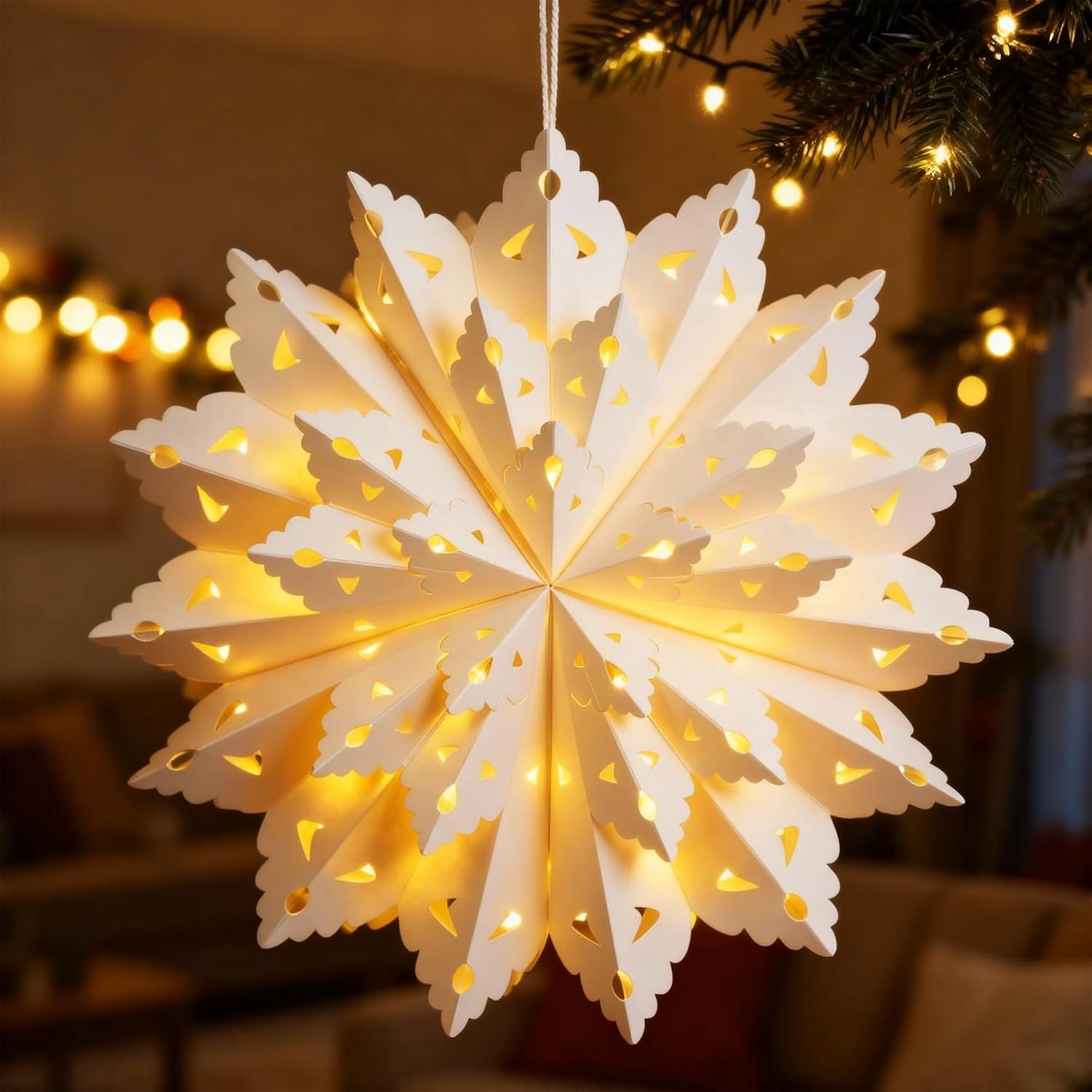 Verlichte 3D kerstster van 45 cm van papier voor binnen en raamdecoratie, sfeervolle kerstversiering met verlichting en hangmogelijkheden