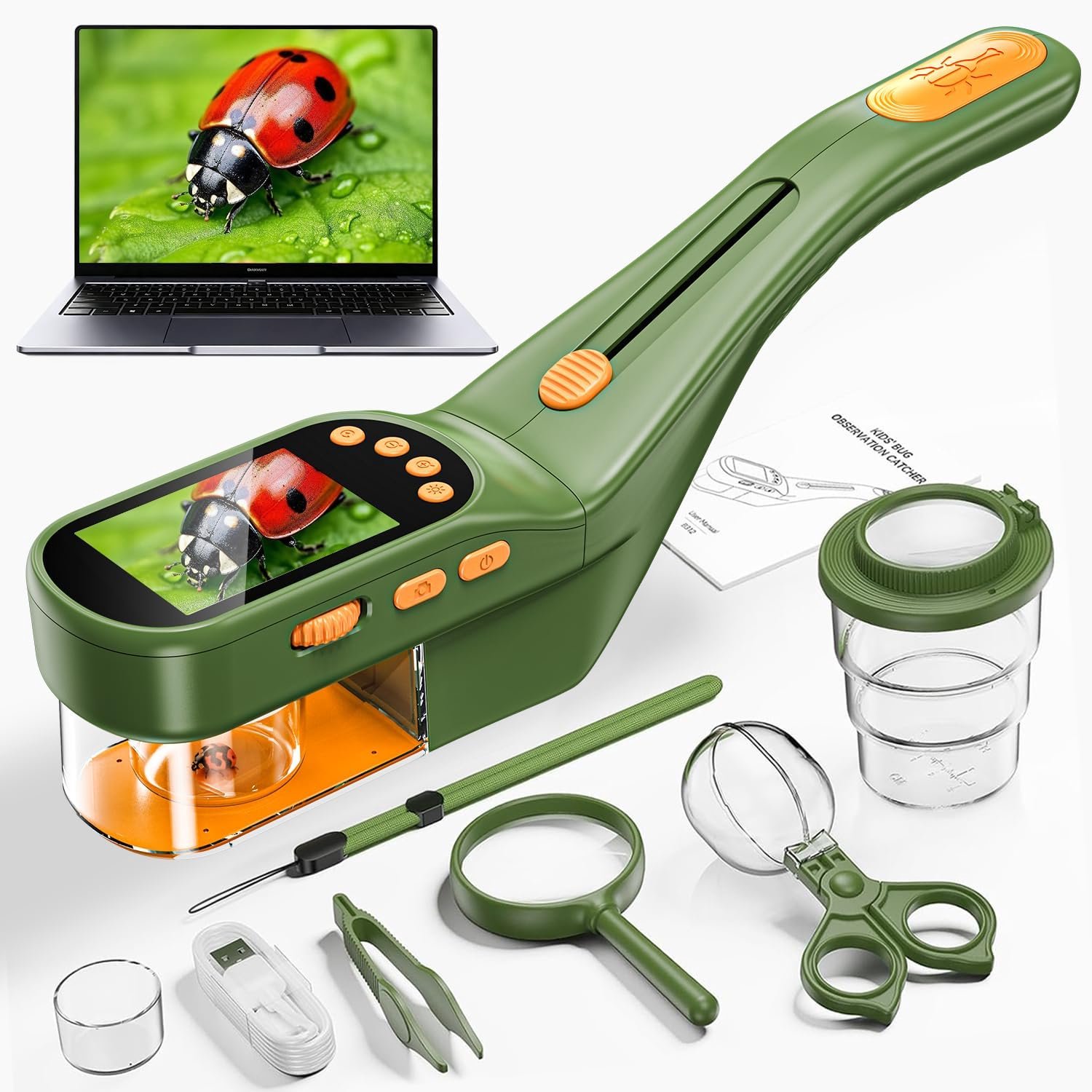 Microscoop voor kinderen en verrekijker voor kinderen, 1000x USB,2-in-1 draagbare zakmicroscoop, 4K 2.0 inch scherm, 10-voudige vergroting, kinderverrekijker, wetenschap buiten vanaf 3 jaar (groen)