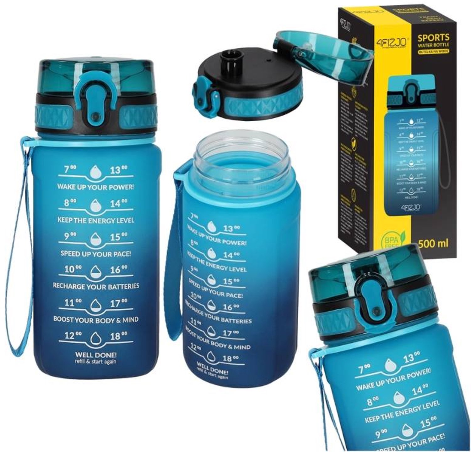 4FIZJO Tritan Sportfles 0,5L Blauw - Lekvrij & Motiverend