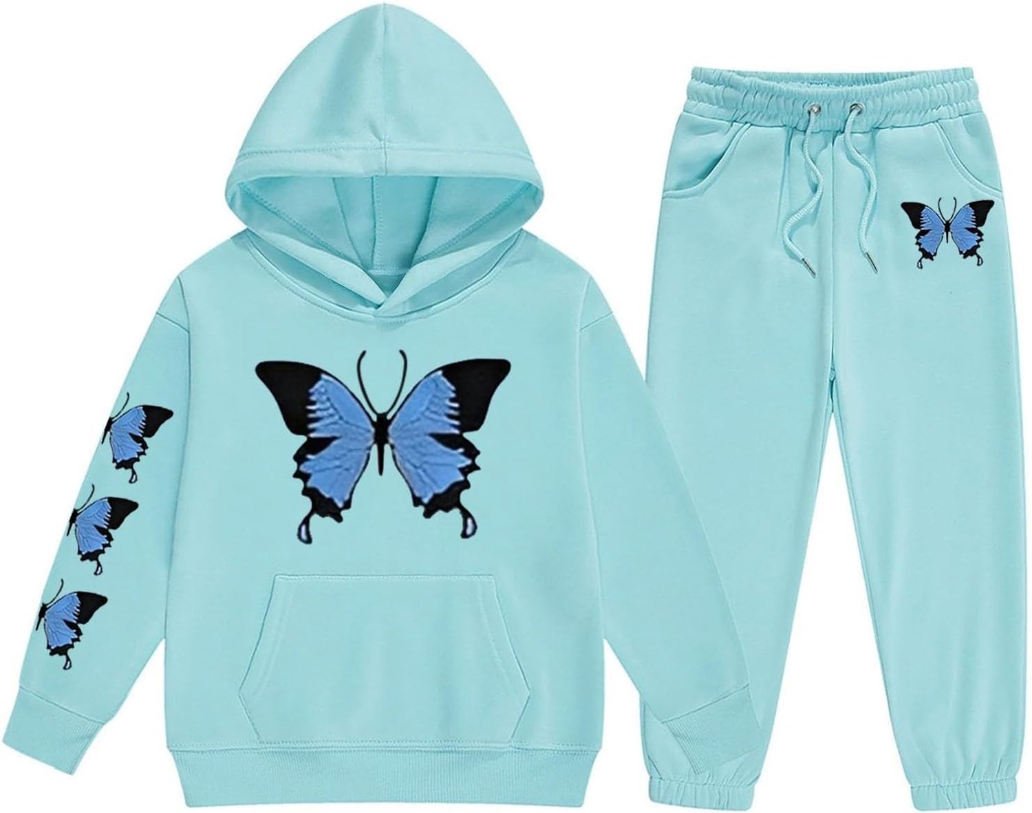 Générique Kledingset voor meisjes, korte top met vlinderprint, hoodie, joggingbroek, 2-delige outfit, trainingspak voor kinderen, joggingset