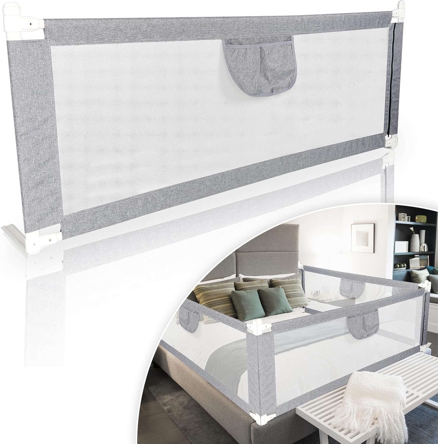 Bedhek voor baby's, 200 x 80 cm, in hoogte verstelbaar babybed, beschermingsrooster tot 96 cm, stabiel bedhek voor baby's en peuters, ademende stof, grijs