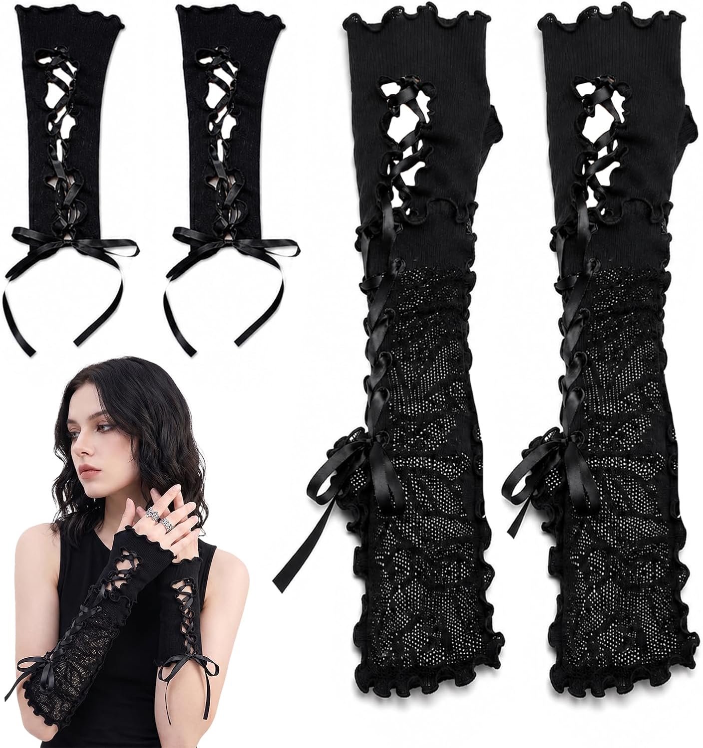 2 paar zwarte kanten handschoenen, armwarmers in punk- en goth-stijl, lange mouwen voor cosplay, Halloween en concerten, kostuumaccessoires voor dames en meisjes