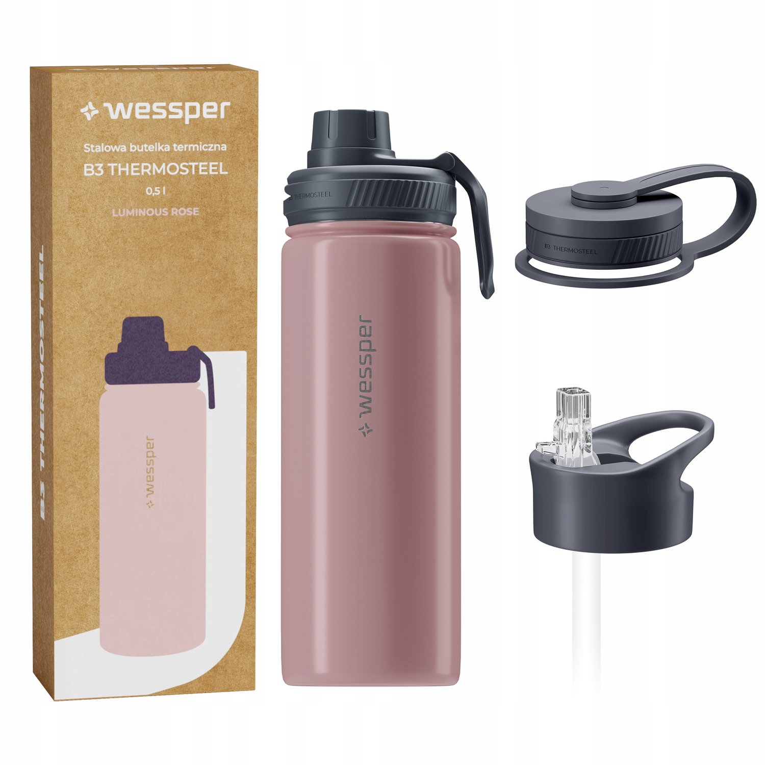 Wessper B3 THERMOSTEEL Thermosfles 500ml - RVS, 3 Doppen