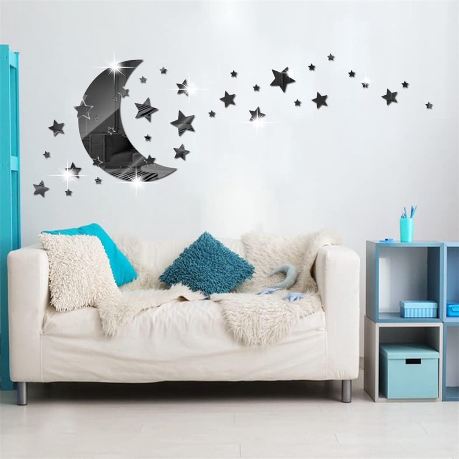 Maan Ster spiegel muurstickers, 146 stuks sterren en halve maan, 3D kunststickers voor baby/kinderslaapkamer en woonkamer (zwart)