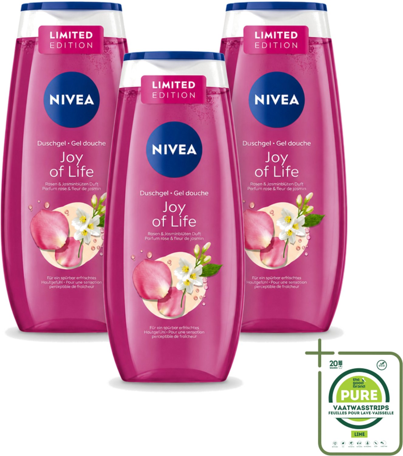 3 x Nivea - Douchegel - Joy of Life - Verfrissend Effect - 250 ml - Grootverpakking - Vaatwasstrips - Douchegel - Frisse Geur - Rozen - Jasmijn - Huidverzorging