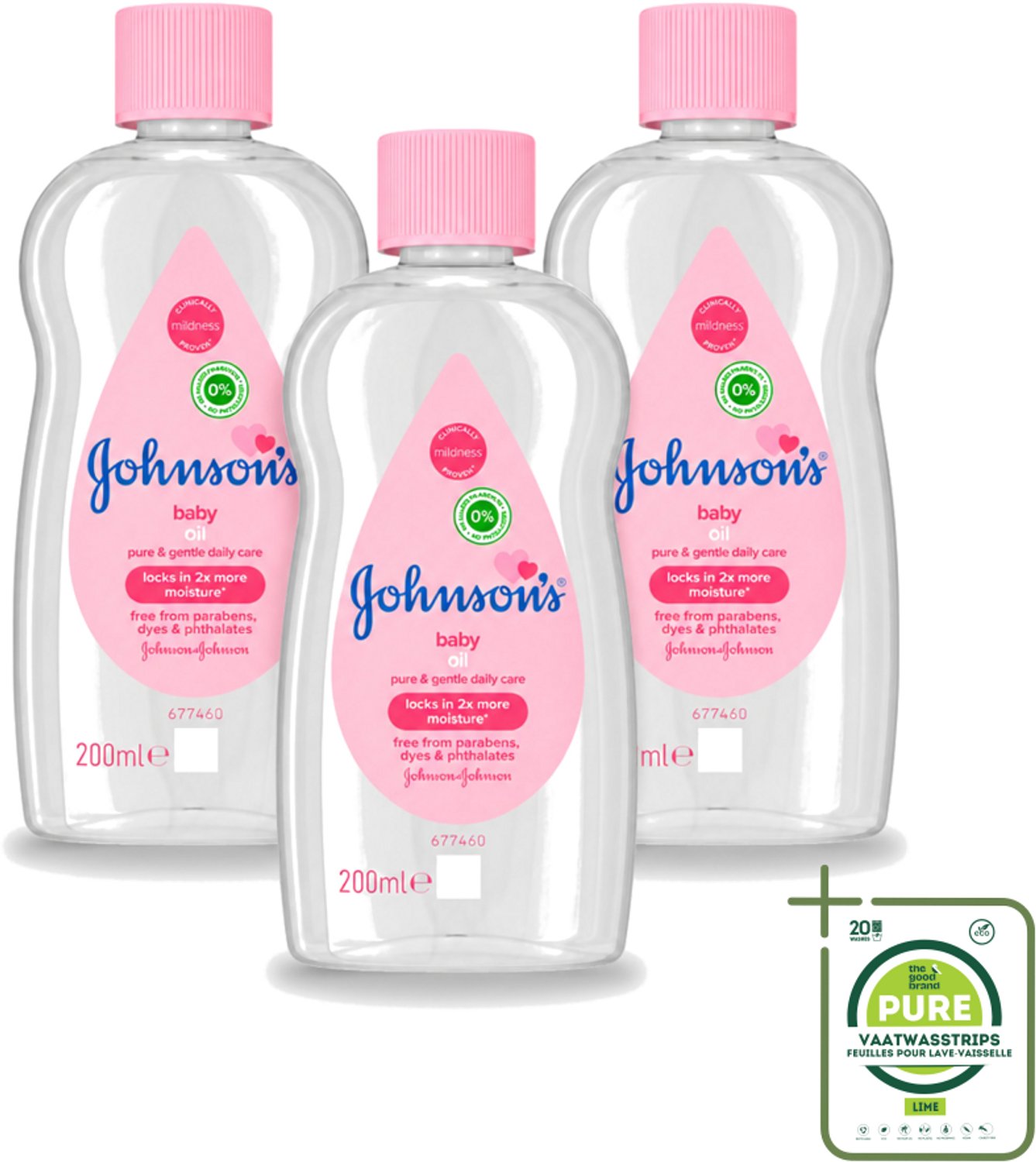 3 x Johnson's - Baby Olie - Puur & Zacht - 200 ml - Grootverpakking - Vaatwasstrips - Babyolie - Babyhuid Verzorging - Hydrateren - Zachte Huid - Baden