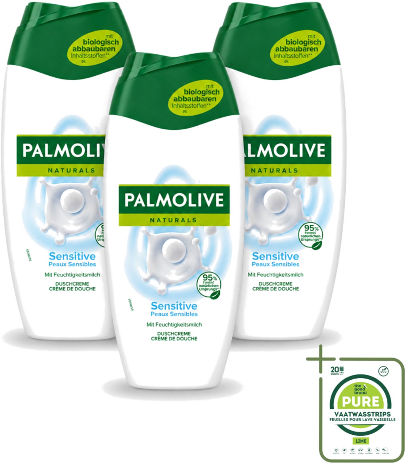 3 x Palmolive Naturals - Douchegel - Sensitive - Voor Gevoelige Huid - 250 ml - Grootverpakking - Vaatwasstrips - Gevoelige Huid - Douchegel - Melkproteïnen - Zachte Reiniging - Hydratatie