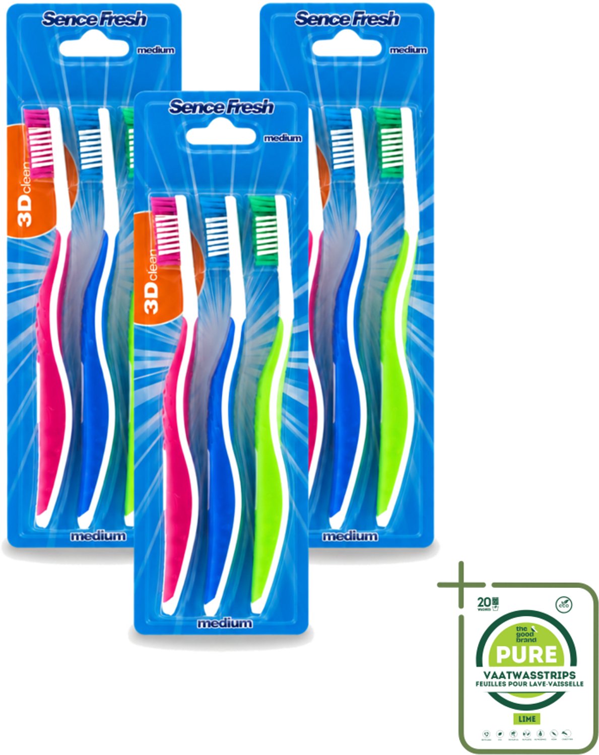 3 x Sence - Fresh 3D-Extra Clean - Tandenborstels - Medium - 3 Tandenborstels - Grootverpakking - Tandenborstel - Tandenborstels - Tandenborstel 3d - Tandenborstel Extra Clean - Tandenborstel Medium