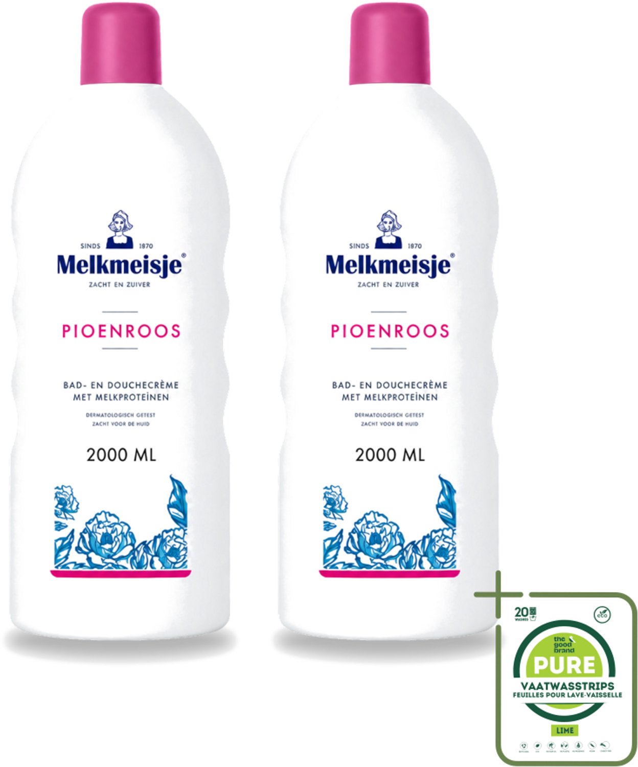 2 x Melkmeisje - Bad & Douche - Pioenroos Geur - Verzorgend & Hydraterend - 2000 ml - Grootverpakking - Vaatwasstrips - Douchecrème - Melkmeisje - Pioenroos - Huidverzorging - Melkproteïnen