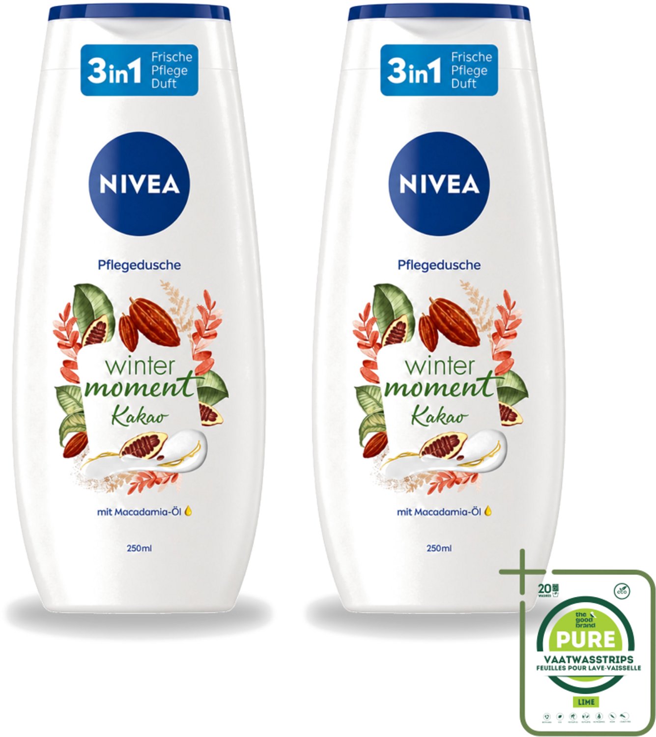 2 x Nivea - Douchegel - Winter Moment Cacao - 250 ml - Grootverpakking - Vaatwasstrips - Douchegel Winter - Verzorgende Douchegel - Cacao Douchegel - Huid Verzorging - Winter Douchegel