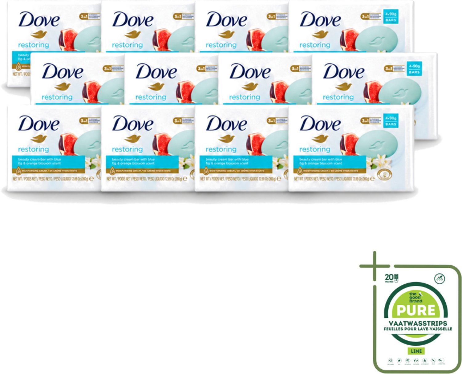 12 x Dove – Zeep – Go Fresh Restore – 4 x 90 g - Grootverpakking - Vaatwasstrips - Zeep - Handen Reinigen - Lichaam Reinigen - Frisse Geur - Mild Reinigen