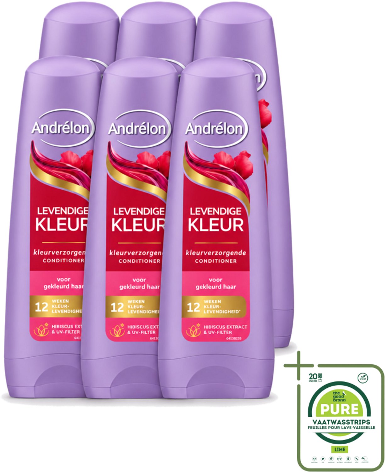 6 x Andrélon – Conditioner – Levendige Kleur – 200 ml - Grootverpakking - Vaatwasstrips - Kleurvervanging - Haarkleur Beschermen - UV-filter - Hibiscus-extract - Haar Verzorgen