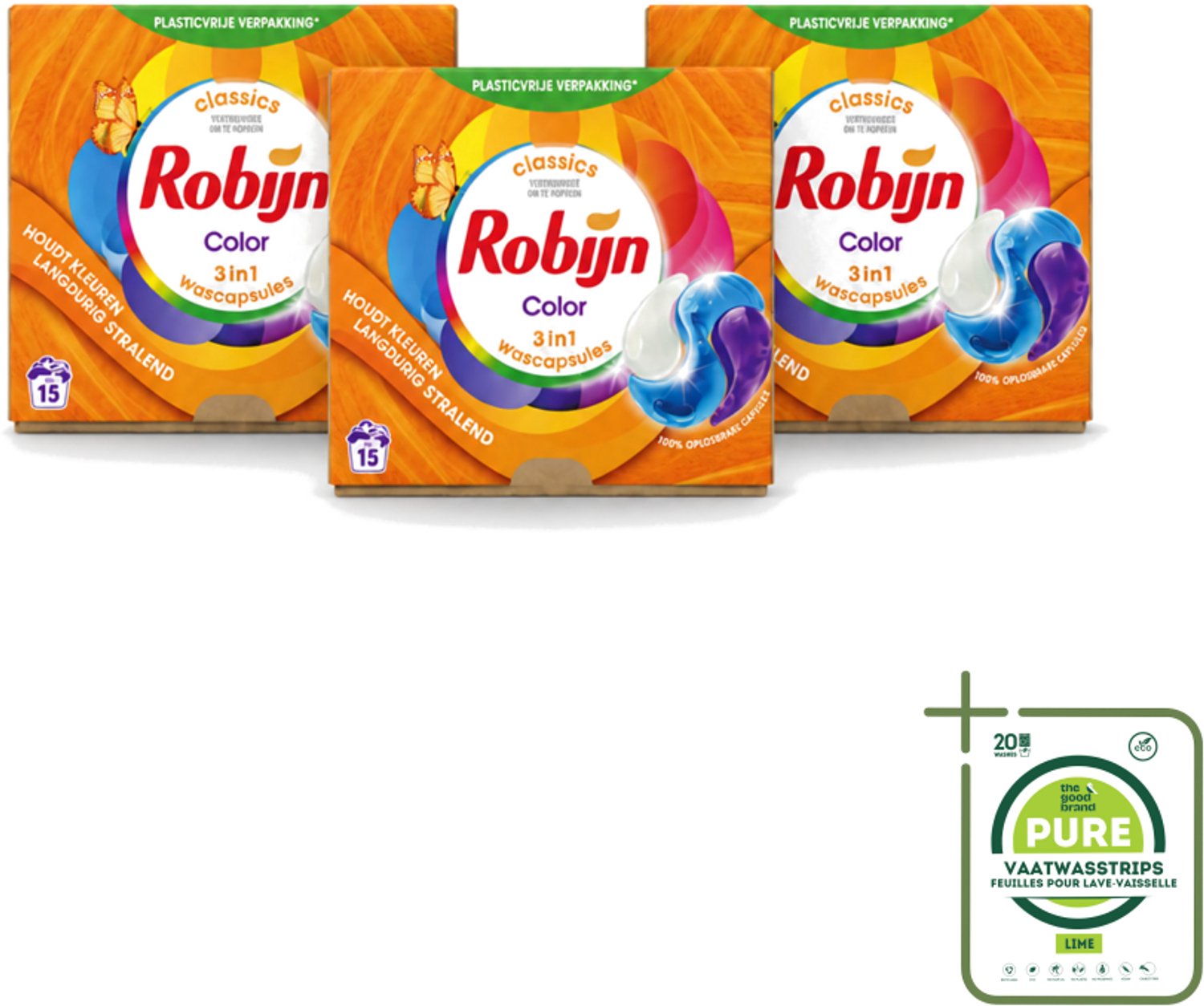 3 x Robijn – 3-in-1 Wascapsules – Color – 15 capsules - Grootverpakking - Vaatwasstrips - Kleurbehoud - Wascapsules - Wasverzachter - Biologisch Afbreekbaar - Frisse Geur