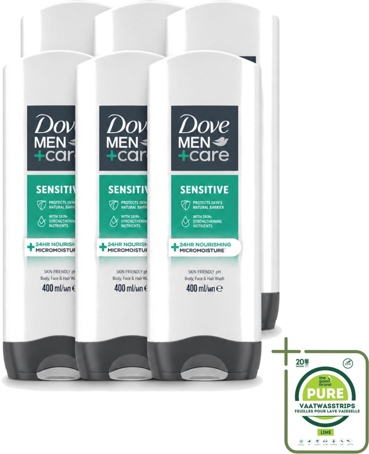 6 x Dove - Shower Gel - 3-in-1 - Men Care Sensitive - Verfrissend en zacht - 400 ml - Grootverpakking - Vaatwasstrips - Douchegel Voor Mannen - Gevoelige Huid - 3-in-1 Douchegel - Mannelijke Verzorging - Zachte Reiniging