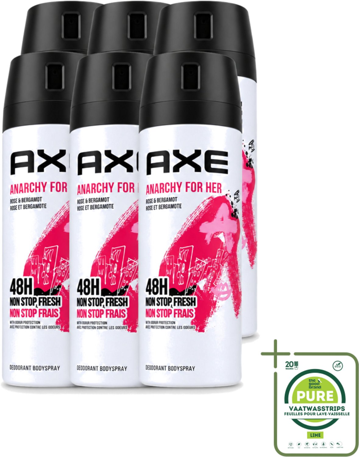 6 x Axe - Deodorant Bodyspray - 48hrs Non Stop Fresh - Anarchy For Her - Rose & Bergamot - 150 ml - Grootverpakking - Vaatwasstrips - Deodorant - Geur - Roos - Bergamot - Vrouwelijkheid