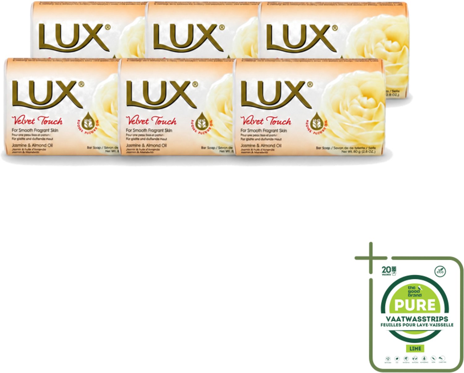 6 x Lux - Zeep - Velvet Touch - Hydraterend - Voor Geurige Huid - 80 g - Grootverpakking - Vaatwasstrips - Luxueuze Zeep - Zijdezachte Zeep - Hydraterende Zeep - Geurende Zeep - Huidverzorging