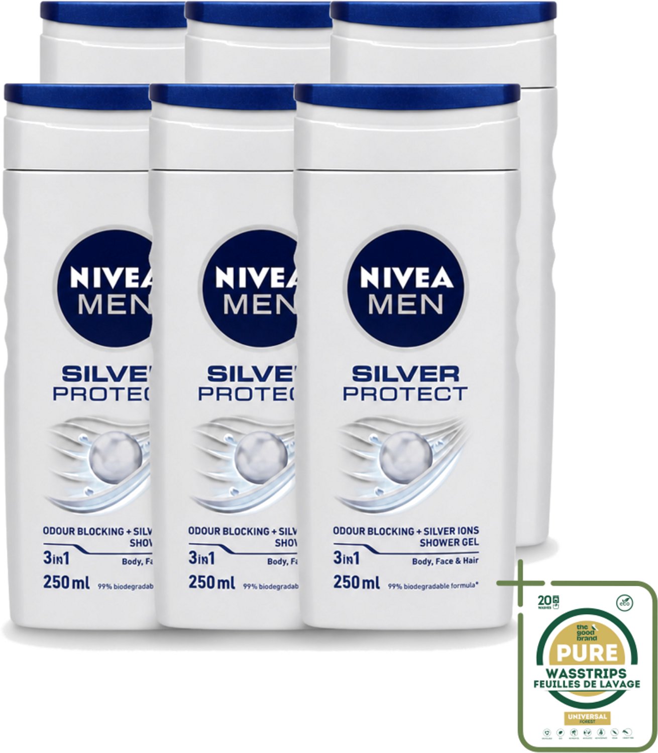 6 x Nivea Men – Douchegel – Silver Protect – 250 ml - Wasstrips - Douchegel Mannen - Zilverionen - Frisheid - Geurveroorzakende Bacteriën - 3-in-1 Douchegel