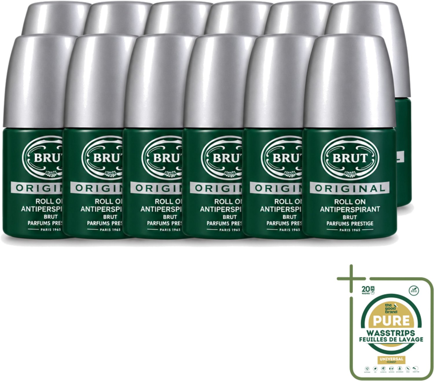 12 x Brut – Deodorant Roll-On – Original – Glas – 50 ml - Wasstrips - Deodorant Roll-on Mannen - Zweetgeur Bestrijding - Brut Original Geur - Klassieke Deodorant - Fris Gevoel