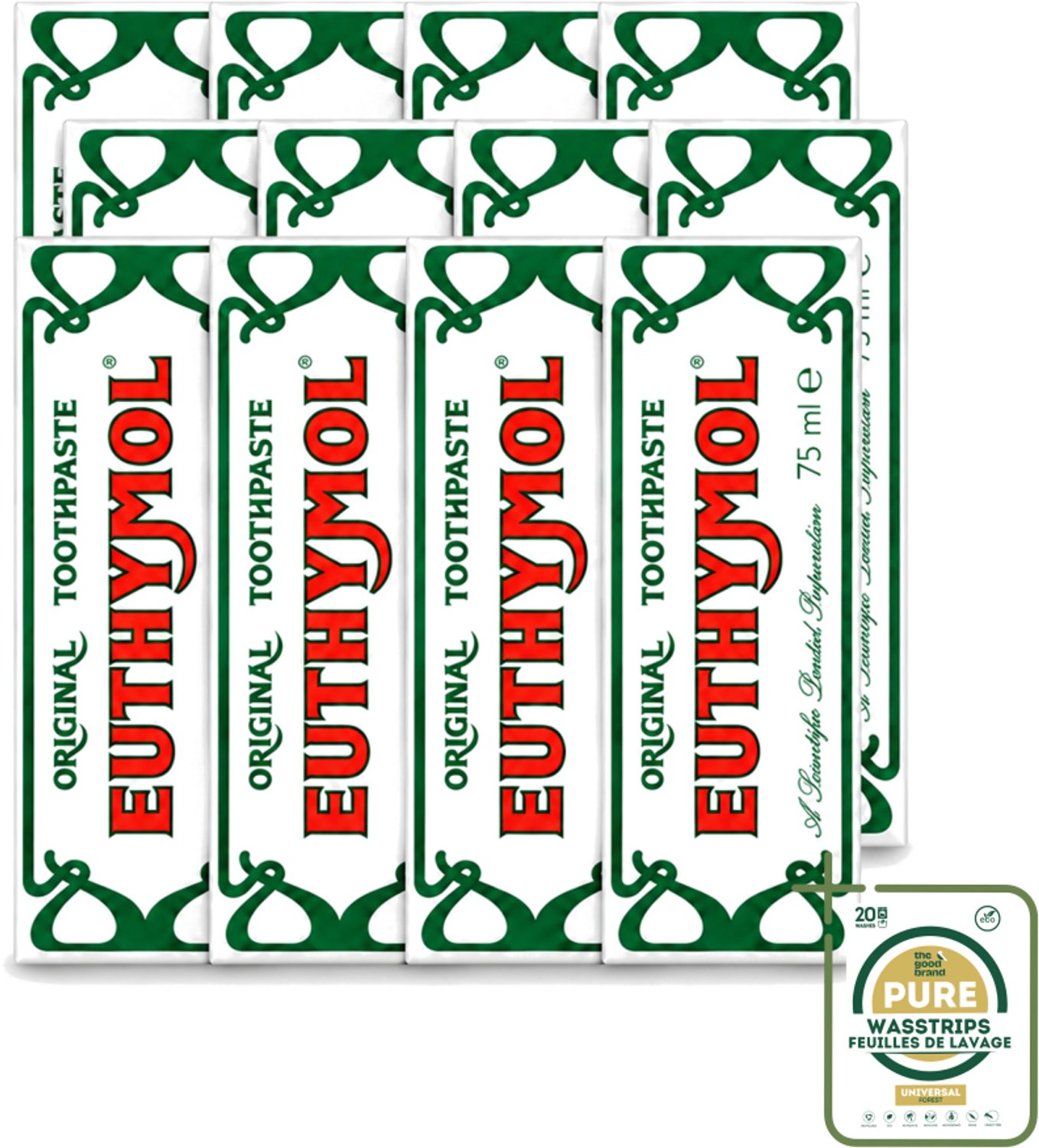 12 x Euthymol – Tandpasta – Original Dentifrice – 75 ml - Wasstrips - Tandpasta - Thymol - Fluoridevrij - Mondhygiëne - Tanden Reinigen
