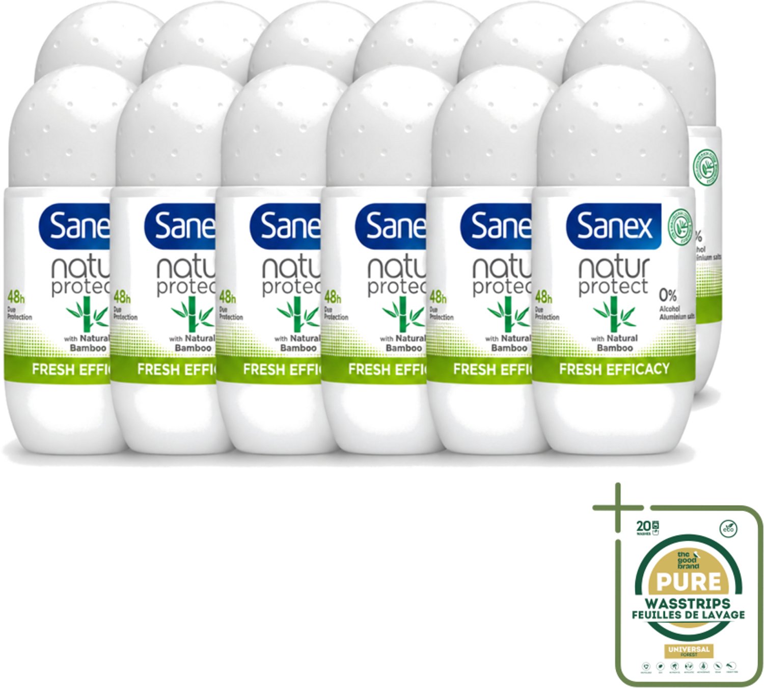12 x Sanex – Deo Roll-on – Bamboo Fresh Efficacy – 50 ml - Wasstrips - Bamboo Deodorant - Natuurlijke Frisheid - Alcoholvrije Deodorant - Huidvriendelijke Deodorant - Transpiratiegeur