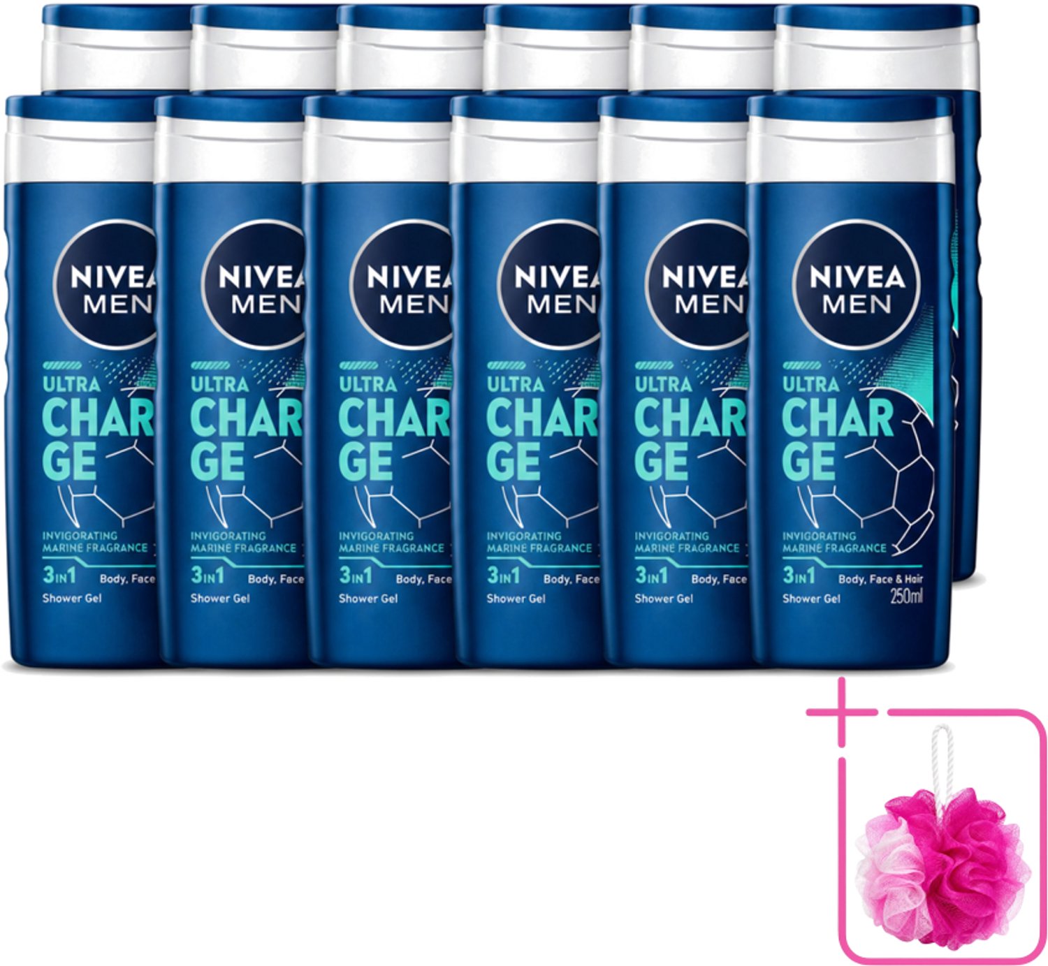 12 x Nivea Men – Douchegel – Ultra Charge – 250 ml - Bulkverpakking - Douchegel voor mannen - Douchemop - Verzorging van huid