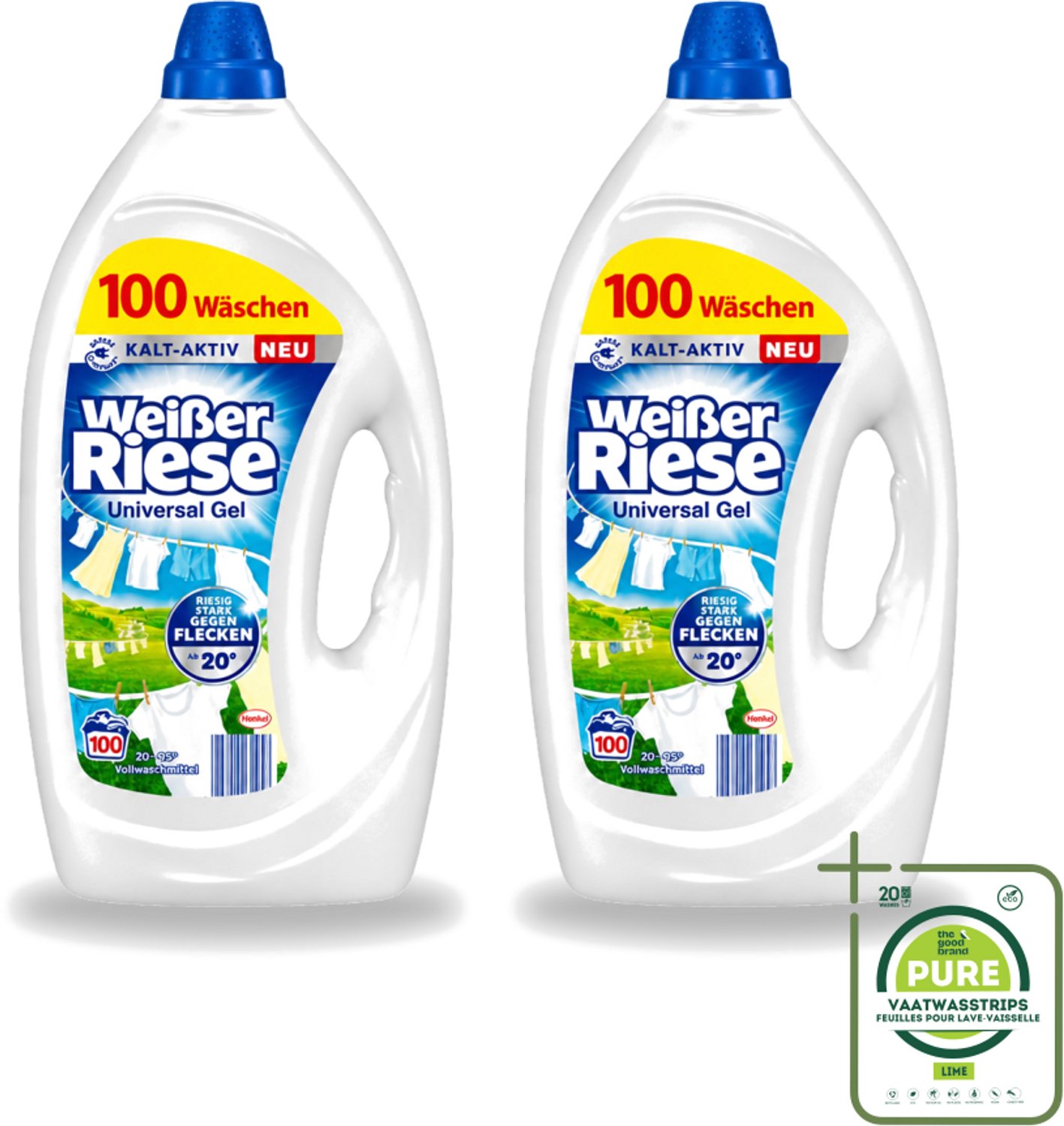 2 x Witte Reus - Gel - Vloeibaar Wasmiddel - Witte Was - 100 Wasbeurten - Grootverpakking - Vaatwasstrips - Wasmiddel - Witte Reus - Vlekken Verwijderen - Koud Water Wassen - Energiezuinig