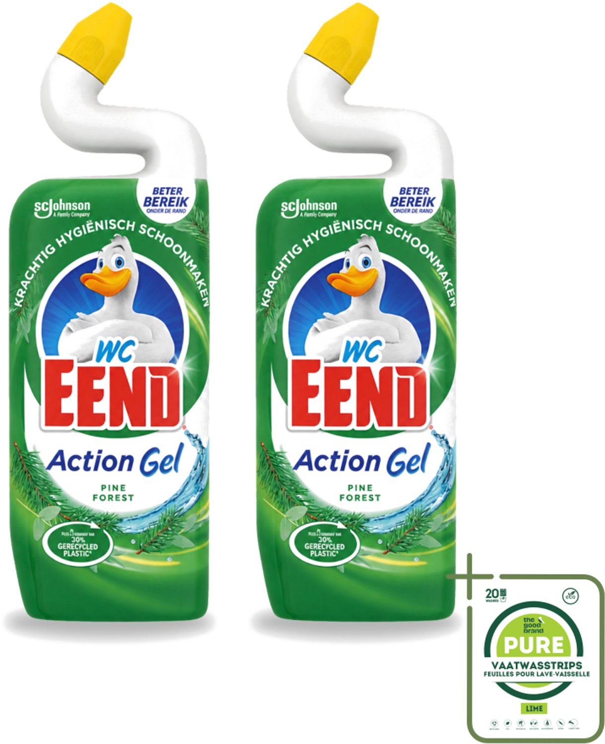 2 x WC Eend - Toiletreiniger - Action Gel - Pine Forest - Krachtige Reiniging & Frisse Dennengeur - 750 ml - Grootverpakking - Vaatwasstrips - Toiletreiniger - Reinigingsgel - Kalkverwijdering - Urinesteen - Fris Ruiken