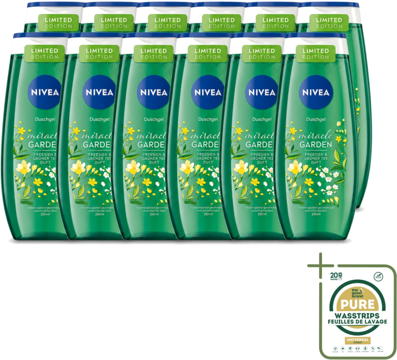 12 x Nivea - Douchegel - Freesia & Groene Thee - 250 ml - Wasstrips - Douchegel Freesia Groene Thee - Douchegel Voor Huidverzorging - Frisse Geur Douchegel - Hydraterende Douchegel - PH-huidneutraal