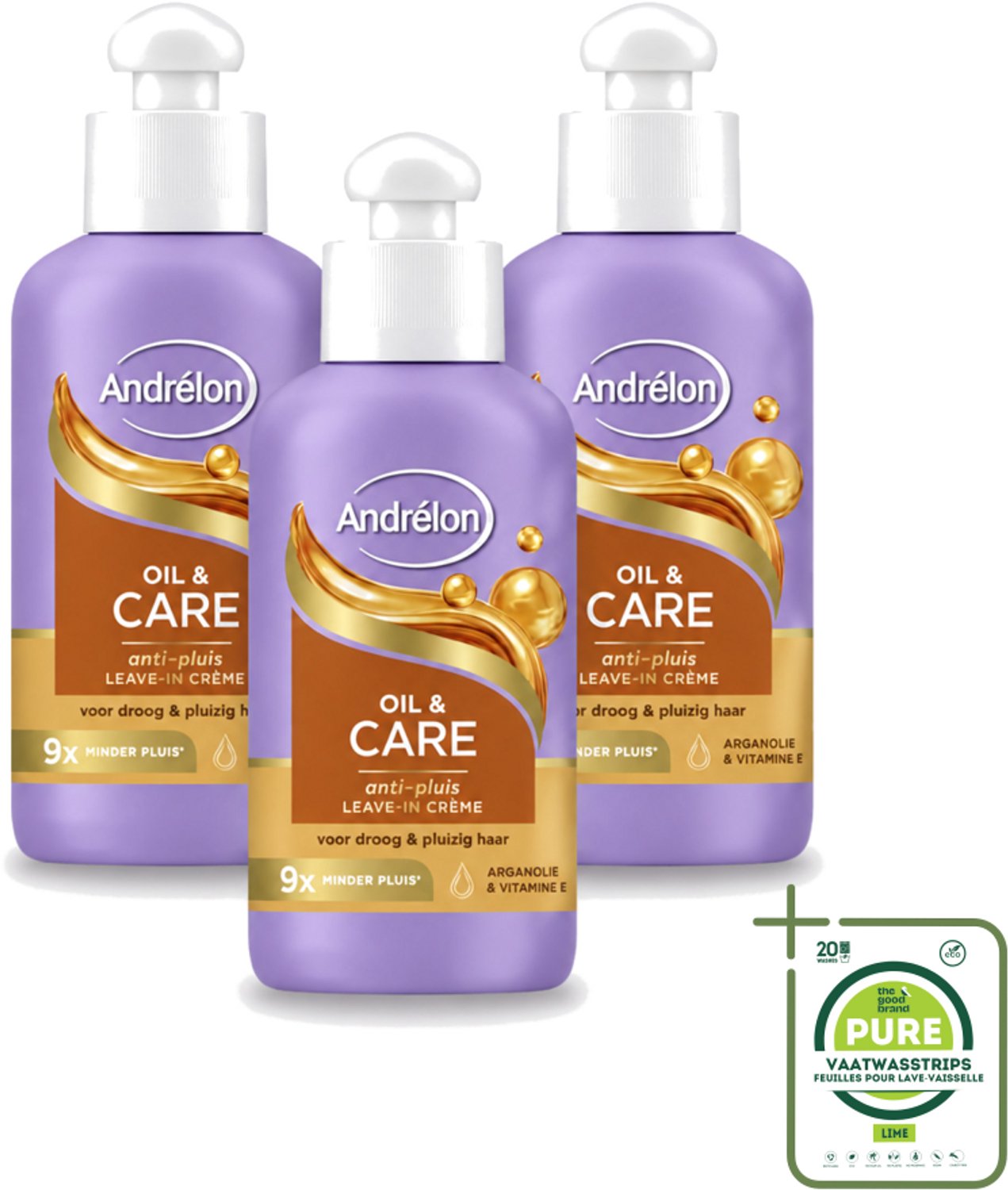 3 x Andrélon – Leave-In Crème – Oil & Care – 200 ml - Grootverpakking - Vaatwasstrips - Haarkruid - Anti-pluis - Voeding Haar - Pluiscontrole - Arganolie