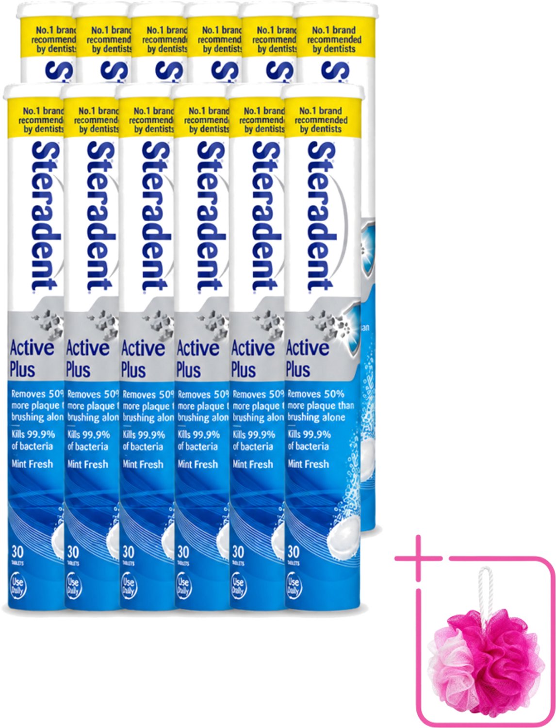 12 x Steradent - Reinigingstabletten - Active Plus - Tegen Tandsteen & Bacteriën - 30 Tabletten - Bulkverpakking - Kunstgebit reinigen - Douchemop - Tandsteen verwijderen