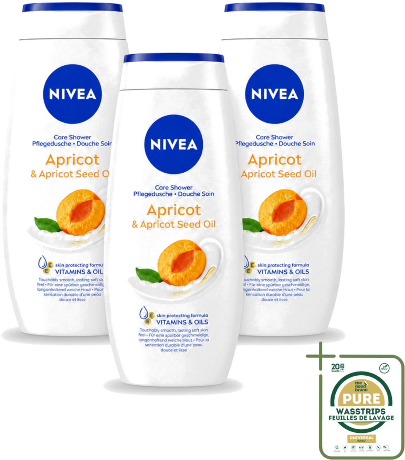 3 x Nivea - Douchegel - Soft Apricot - Huidbeschermend - 250 ml - Wasstrips - Douchegel - Huidbeschermend - Abrikozenpitolie - Druivenpitolie - Vitamine C