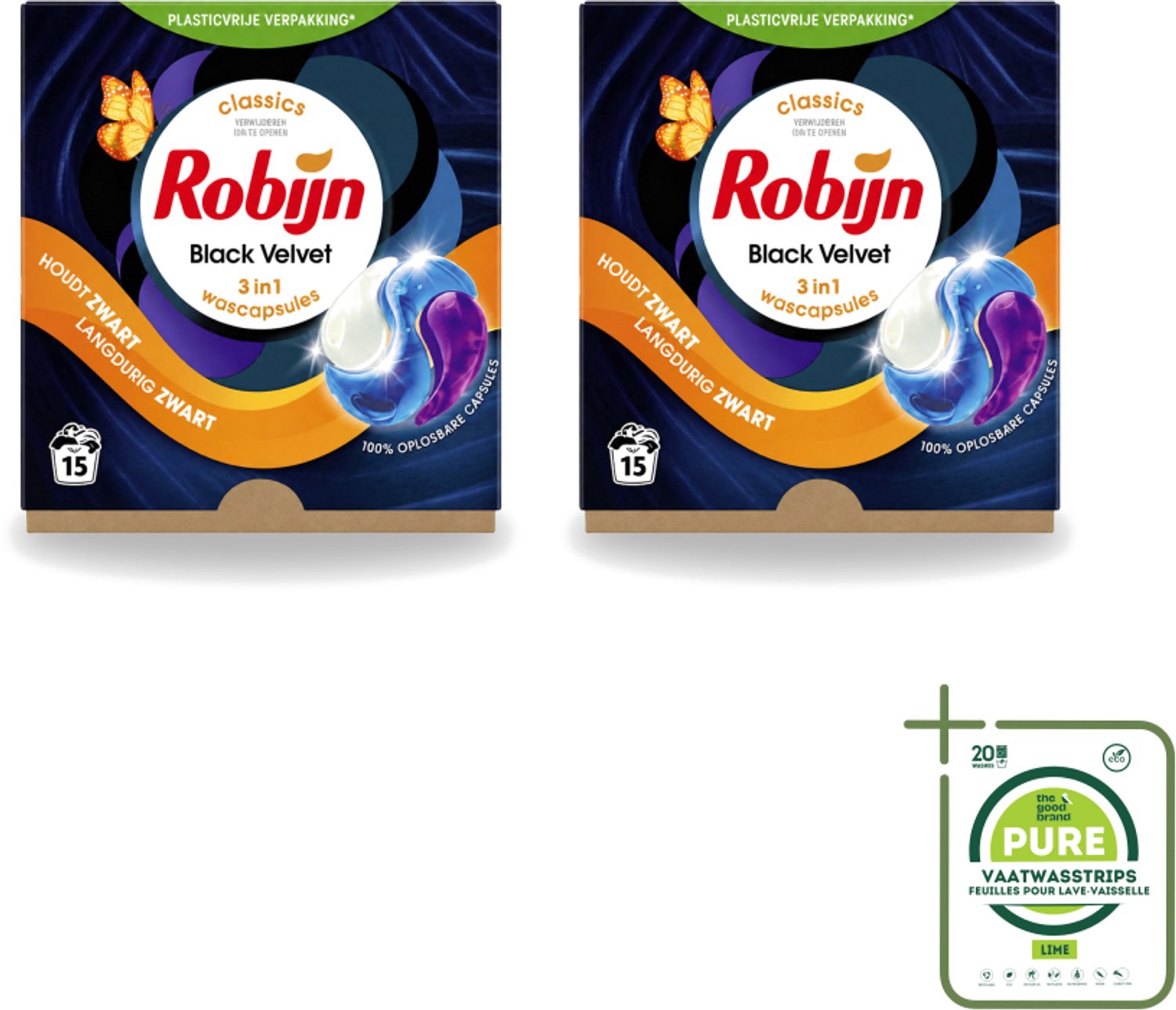 2 x Robijn – 3-in-1 Wascapsules – Black Velvet – 15 capsules - Grootverpakking - Vaatwasstrips - Zwarte Was - Zwart Kleding - Kleurbehoud - Wascapsules - Black Serum