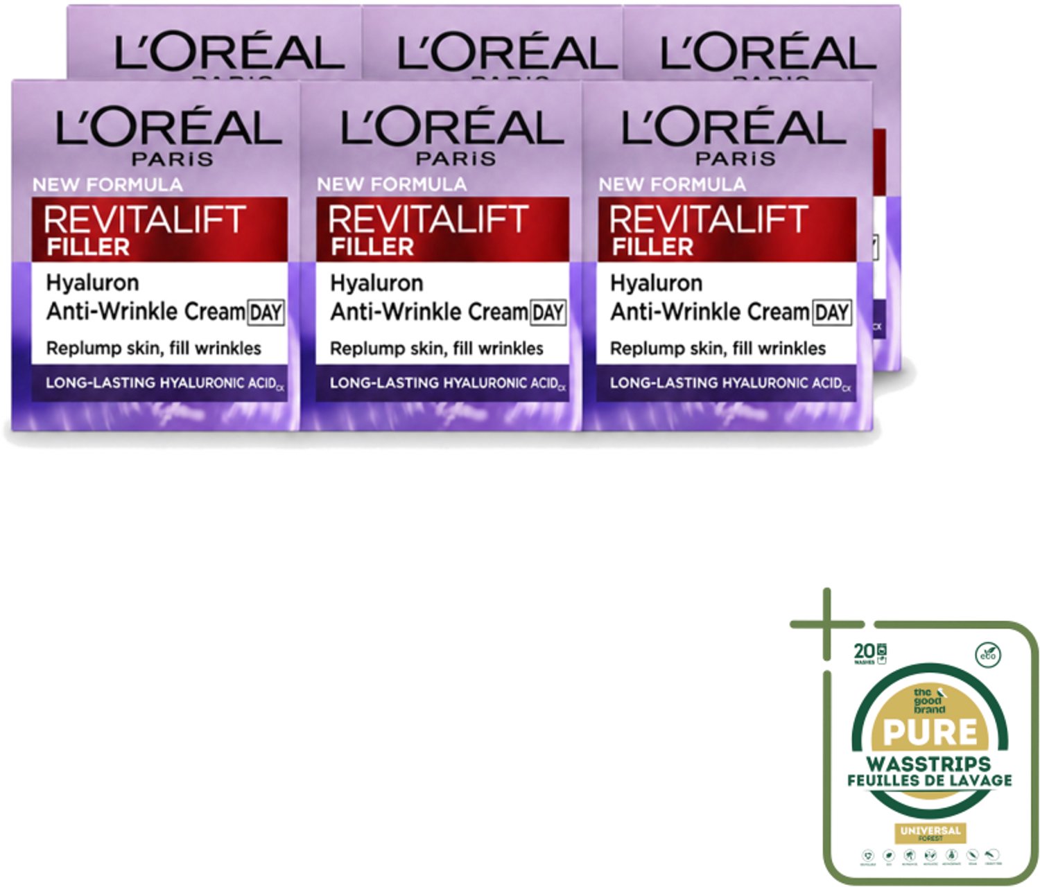 6 x L'Oréal Paris Revitalift Filler - Dagcrème - Anti-Rimpel - Voor Verouderende Huid - 50 ml - Wasstrips - Anti-rimpel Crème - Veroudering Bestrijding - Hyaluronzuur Crème - Huid Volume - Huid Stevigheid